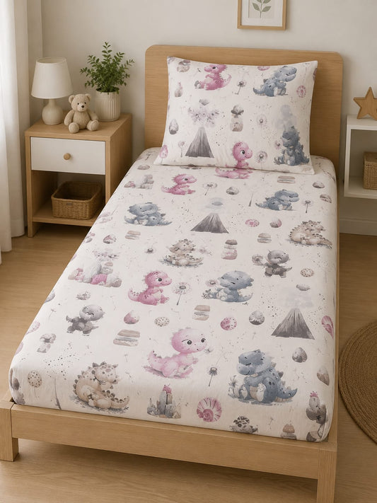 Dreamy Dino Kids Single Bedsheet Set – Soft Cotton Dinosaur Print Bedding