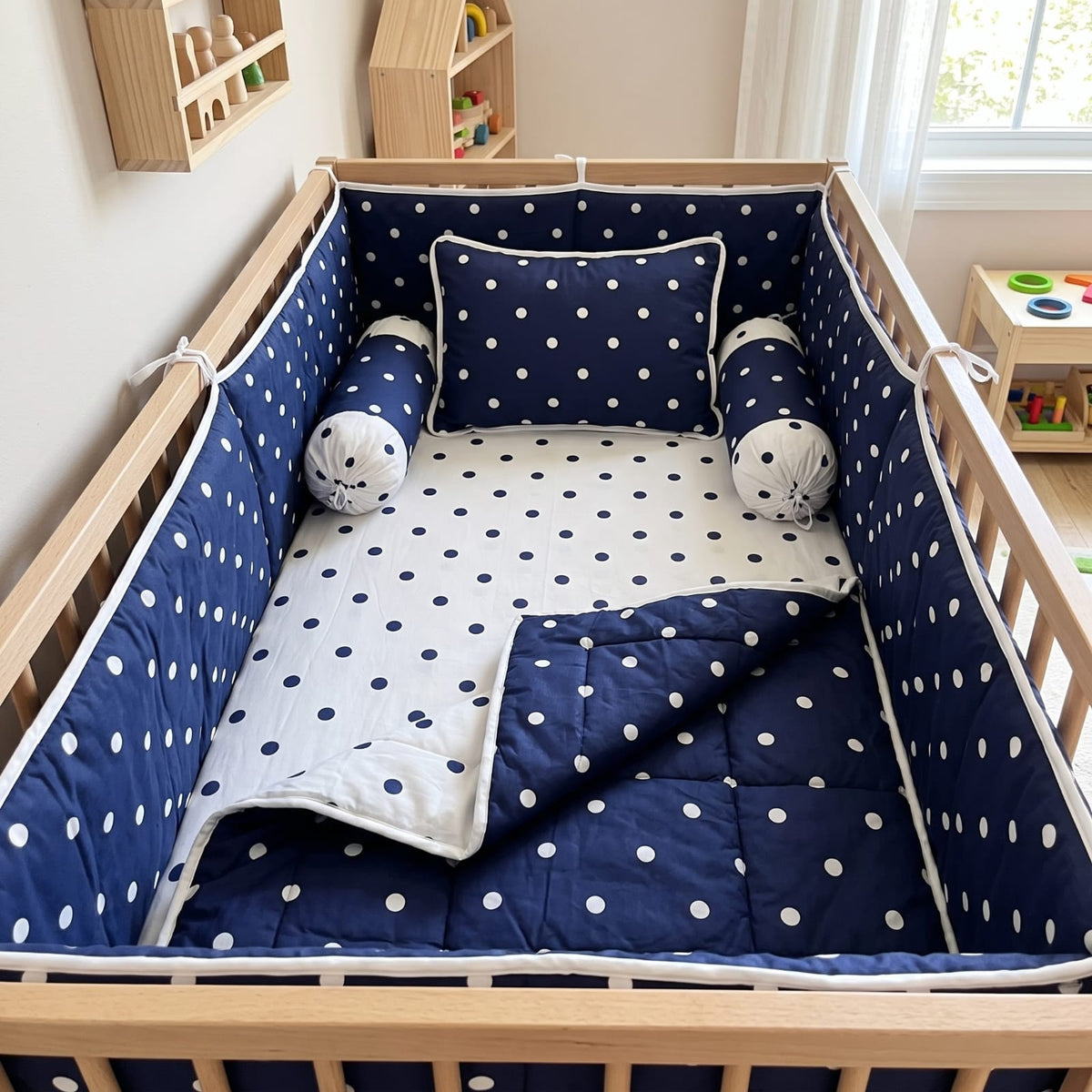 Classic Polka" 6-Piece Navy & White Baby Cot Bedding Set
