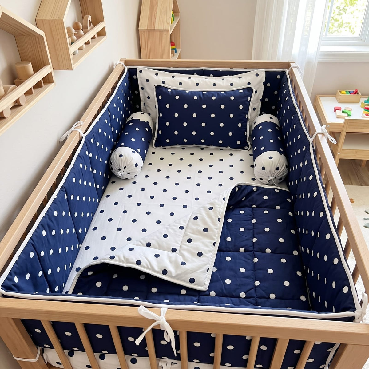 Classic Polka" 6-Piece Navy & White Baby Cot Bedding Set