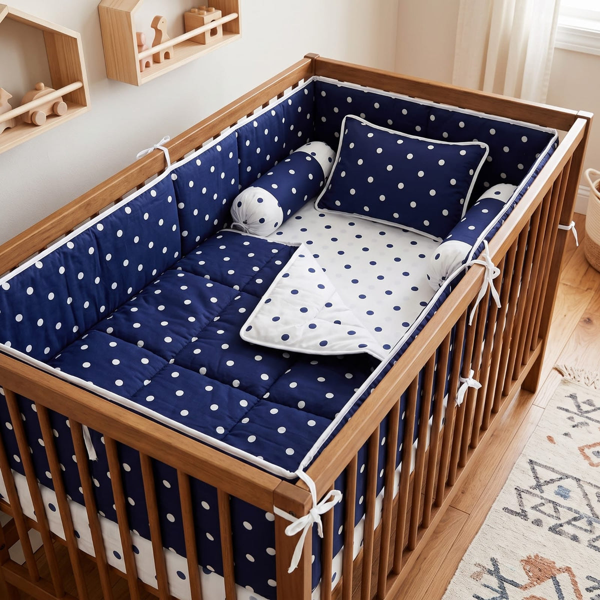 Classic Polka" 6-Piece Navy & White Baby Cot Bedding Set