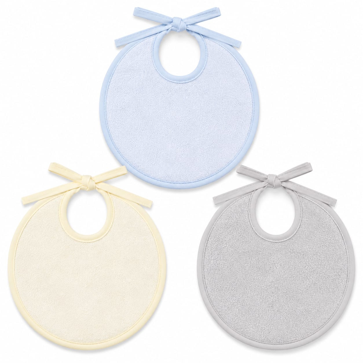 3-Piece Waterproof Terry Baby Bib Set – Pastel Blue, Soft Yellow & Light Grey (Medium)