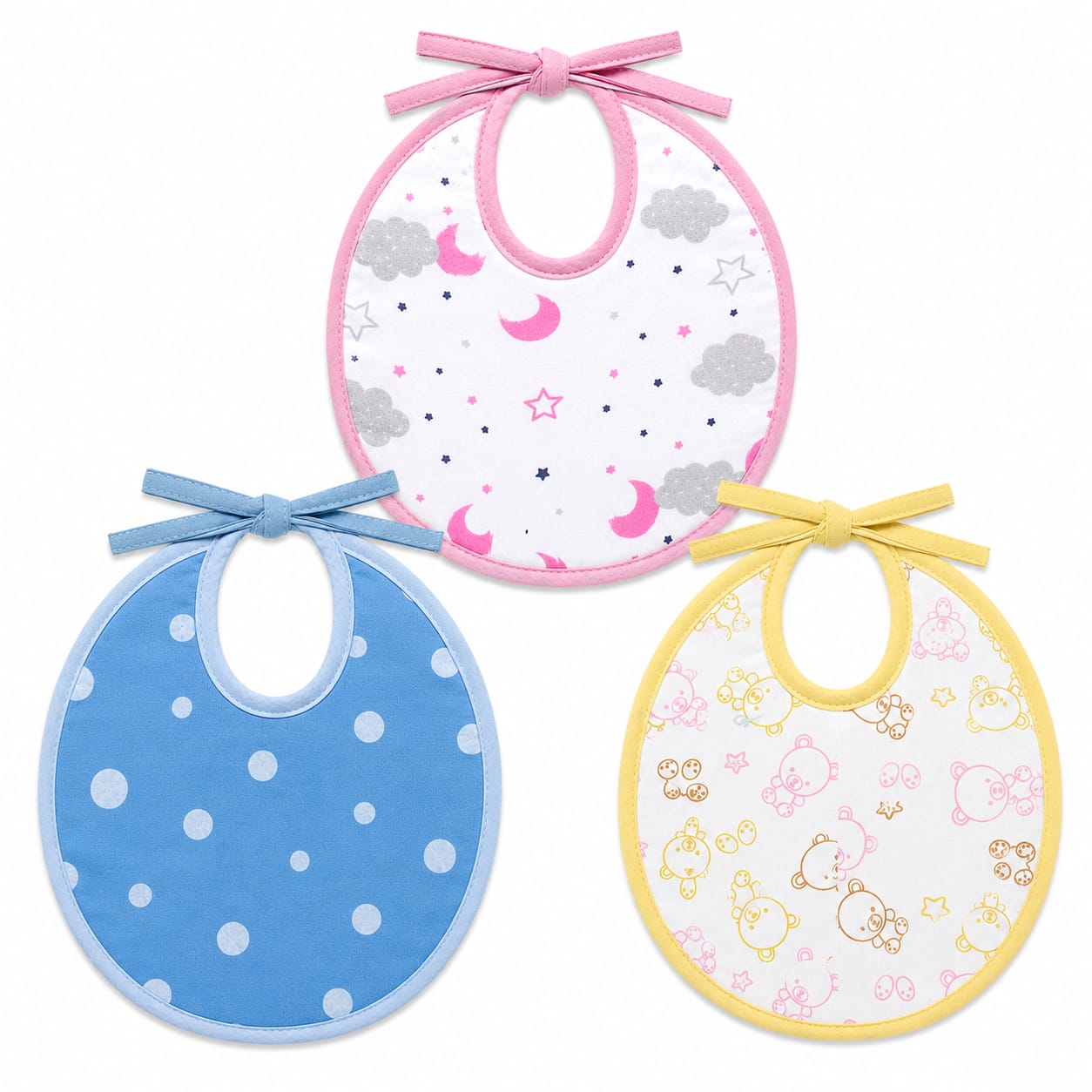 3-Pack Soft Cotton Baby Bib Set – (Pink, Baby Yellow & Baby Blue Feeding Bibs) Medium