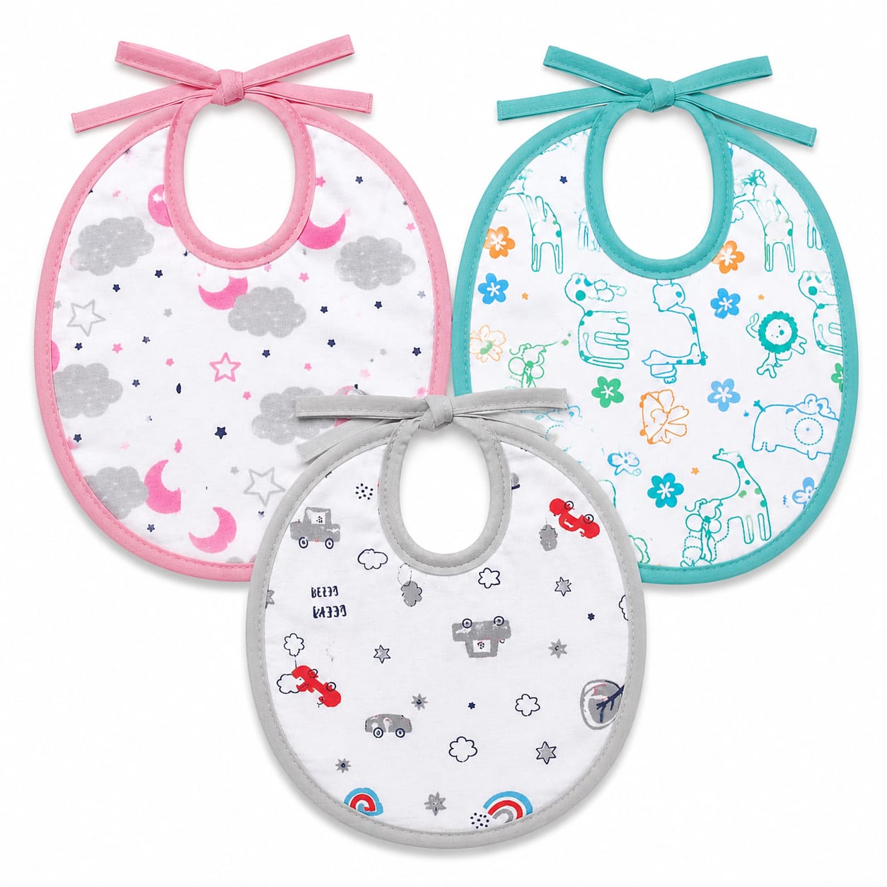 3-Pack Soft Terry Cotton Baby Bib Set – Tie Closure Feeding Bibs (Pink, Teal & Grey) Medium