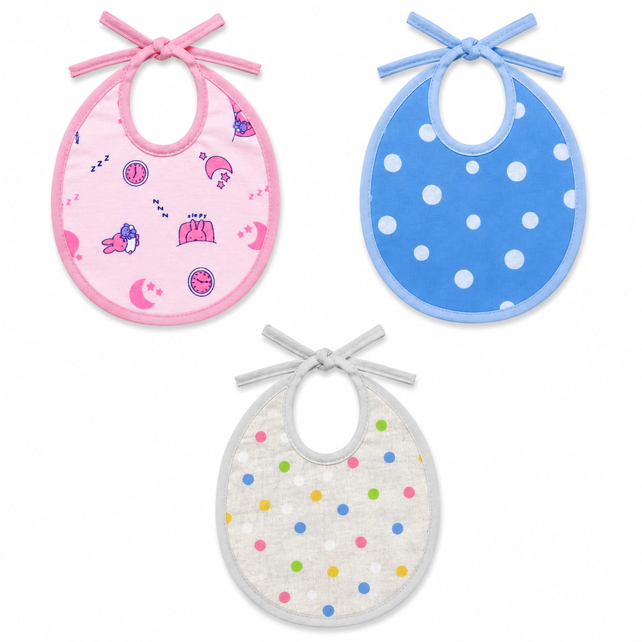 3-Pack Soft Terry Cotton Baby Bib Set – Tie Closure Feeding Bibs (Pink, Blue & Grey) Medium