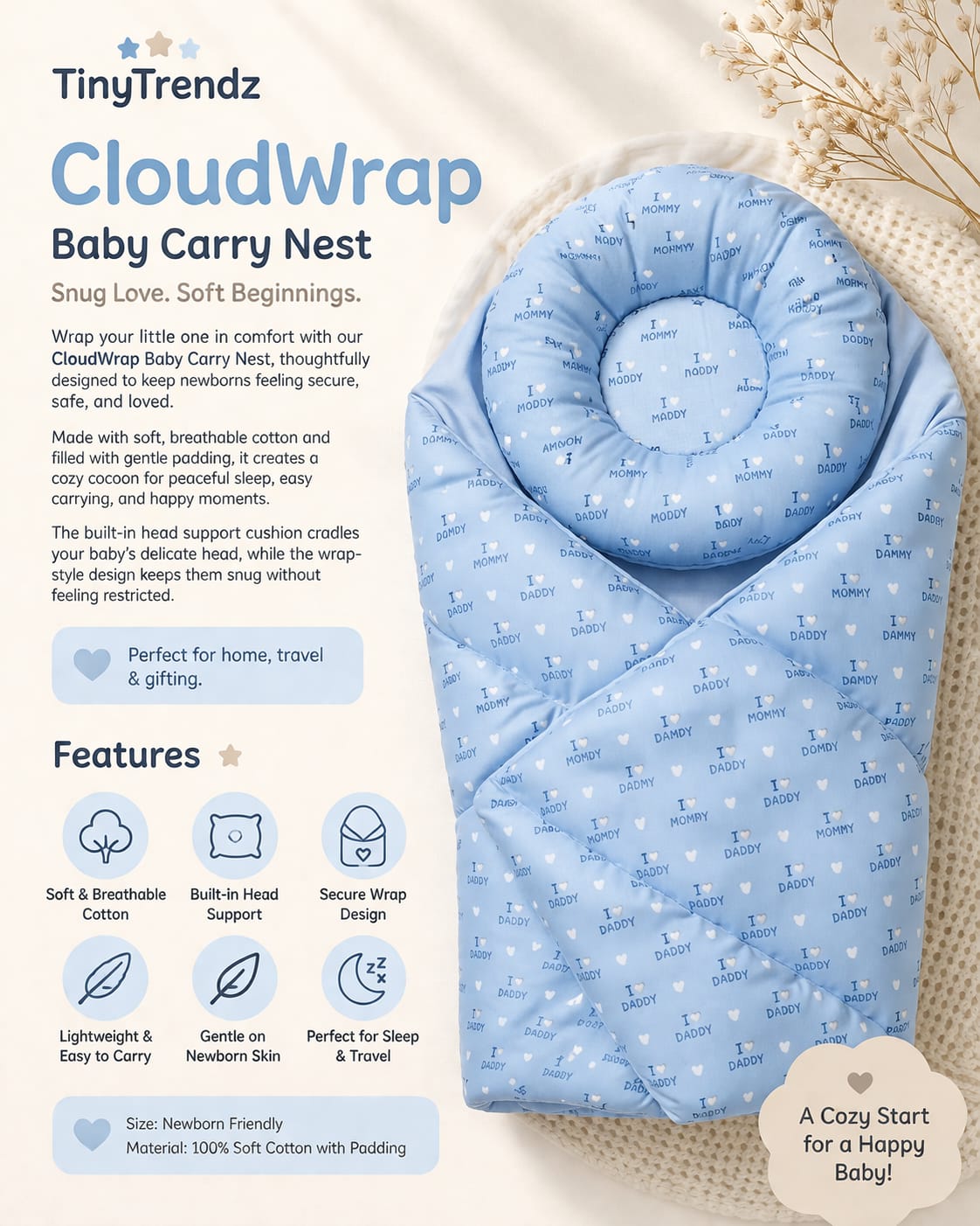 Cloud Hug Baby Carry Nest – Sky Blue