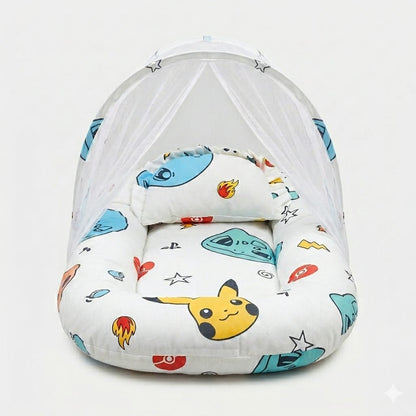 White Gotta Print Cartoon Baby Mosquito Net Bed Set