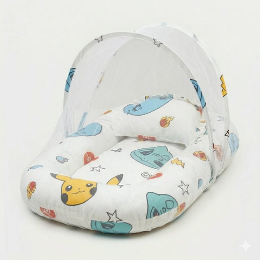 White Gotta Print Cartoon Baby Mosquito Net Bed Set