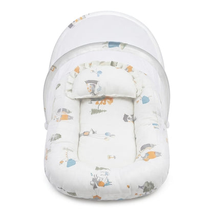 Woodland Tales Baby Lounger & Travel Cot Set – Includes Integrated Mosquito Net and Head-Support Pillow