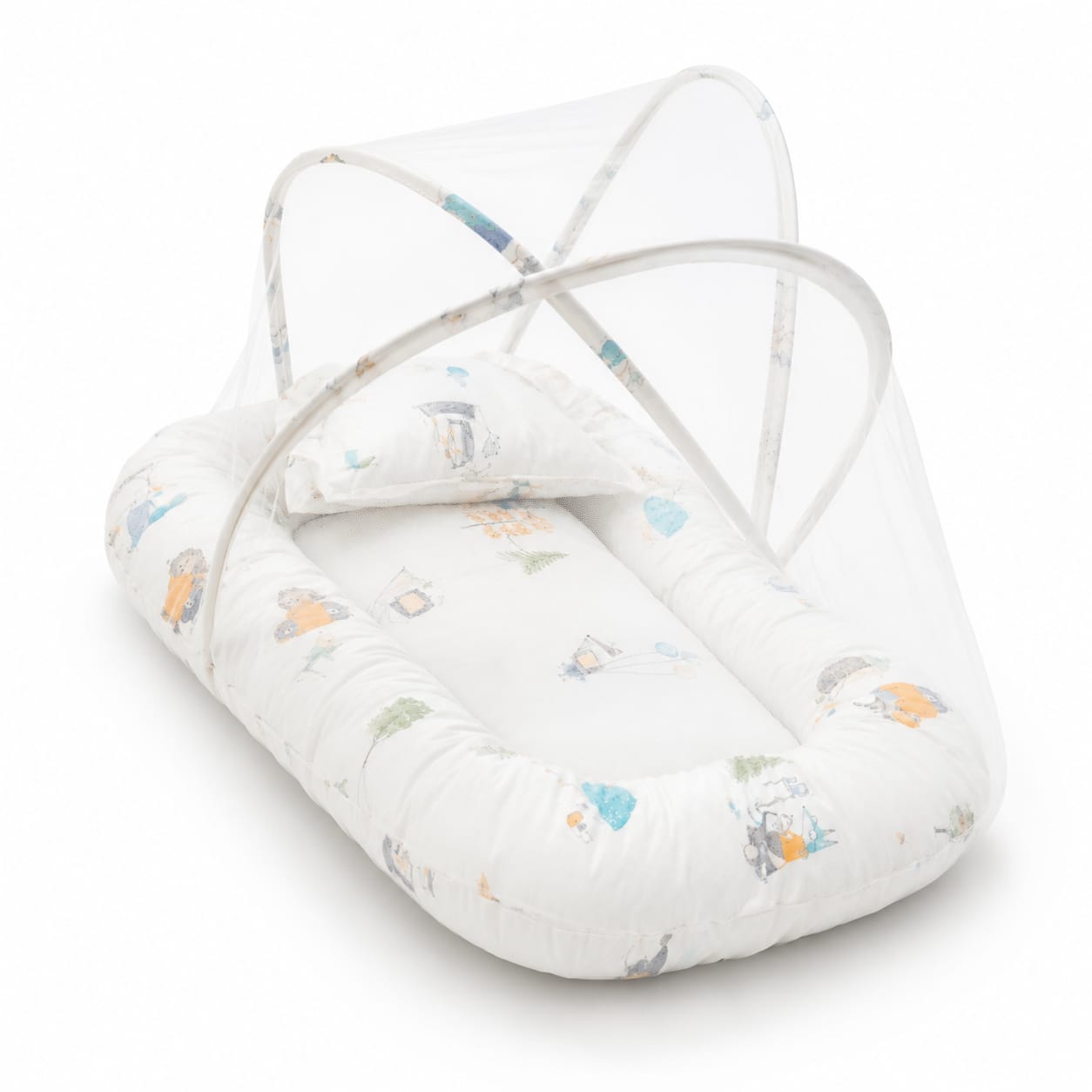 Woodland Tales Baby Lounger & Travel Cot Set – Includes Integrated Mosquito Net and Head-Support Pillow