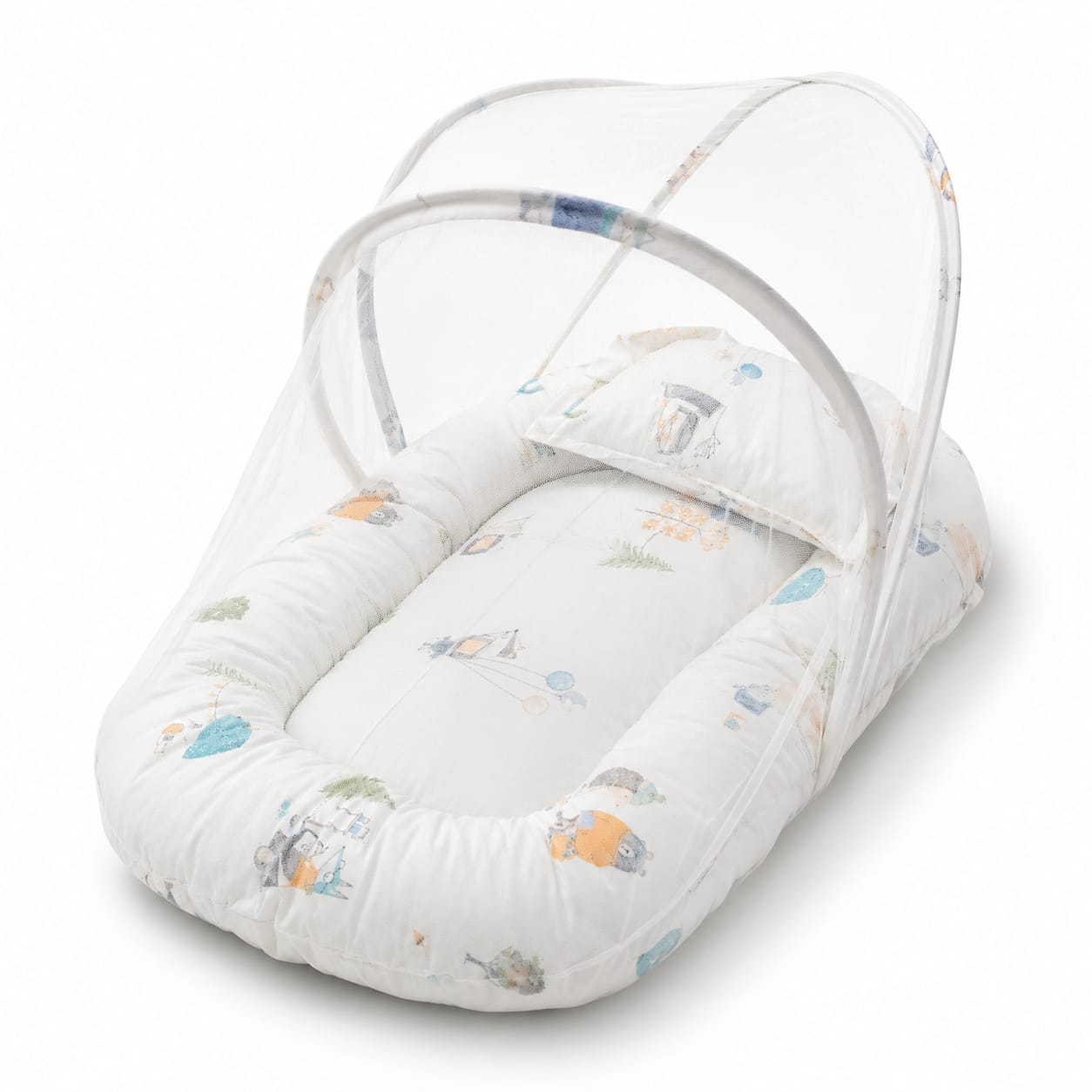 Woodland Tales Baby Lounger & Travel Cot Set – Includes Integrated Mosquito Net and Head-Support Pillow