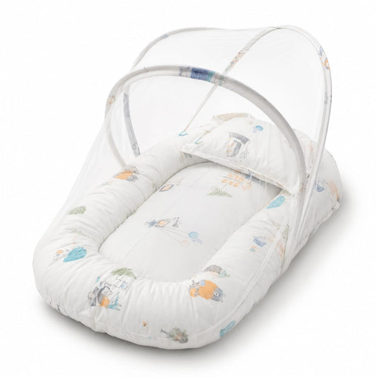 Woodland Tales Baby Lounger & Travel Cot Set – Includes Integrated Mosquito Net and Head-Support Pillow