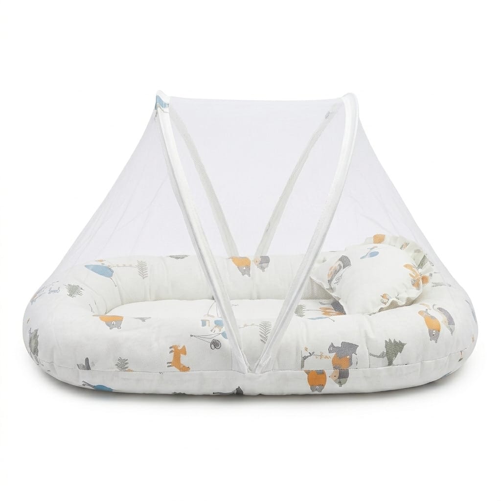 Woodland Tales Baby Lounger & Travel Cot Set – Includes Integrated Mosquito Net and Head-Support Pillow