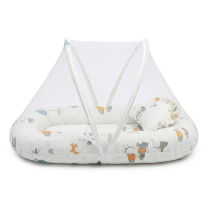 Woodland Tales Baby Lounger & Travel Cot Set – Includes Integrated Mosquito Net and Head-Support Pillow