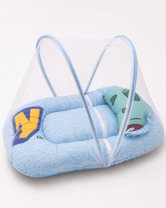 Sky Blue Baby Nest with Mosquito Net – Soft Infant Lounger