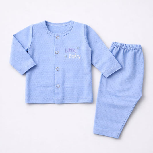 Baby Blue Swiss Dot Button Night Suit Set (2-Piece)