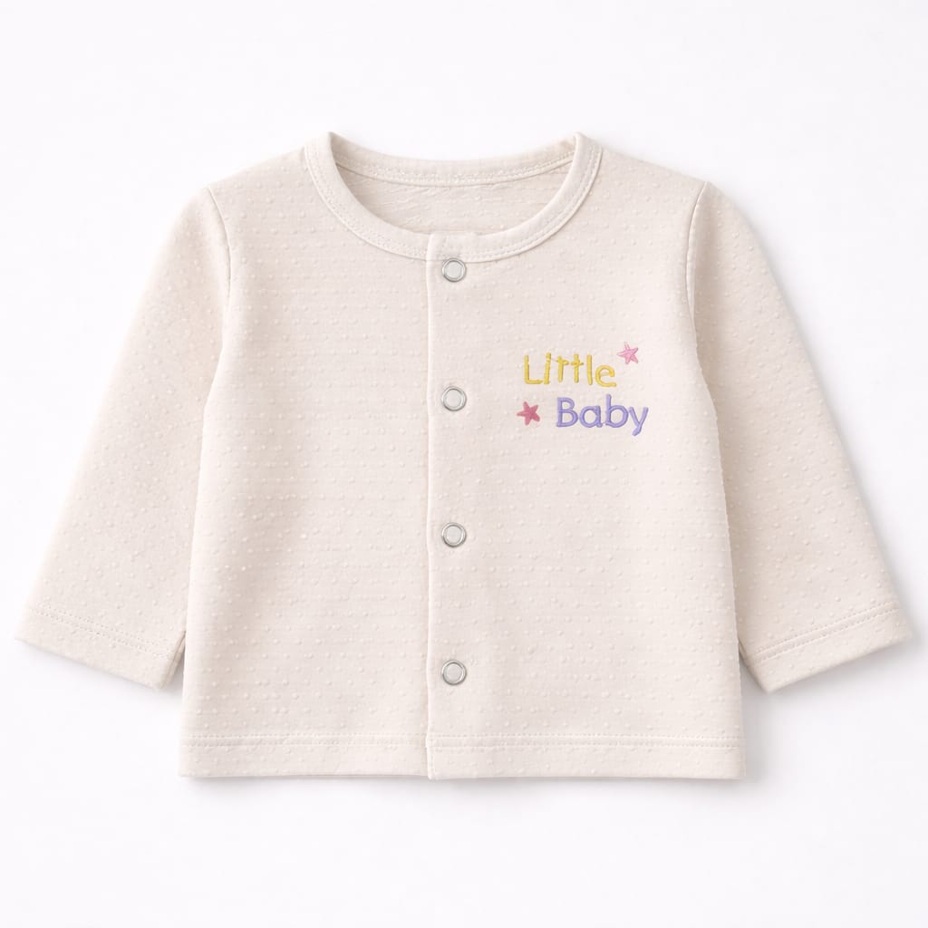 Little Baby Embroidered Newborn Night Suit Shirt – Soft Dobby Cotton (Cream Beige)