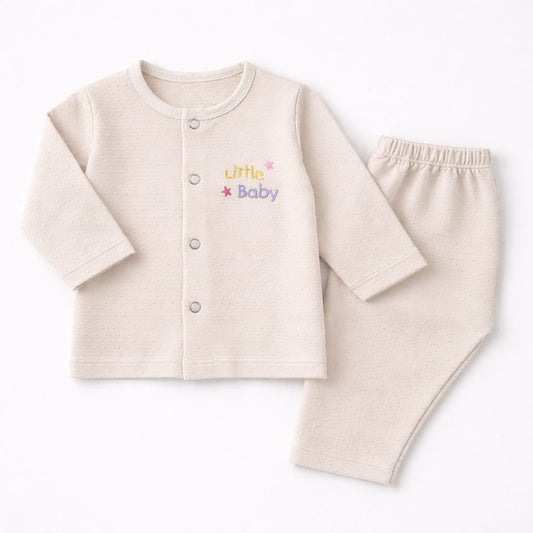 Little Baby Embroidered Newborn Night Suit Shirt – Soft Dobby Cotton (Cream Beige)