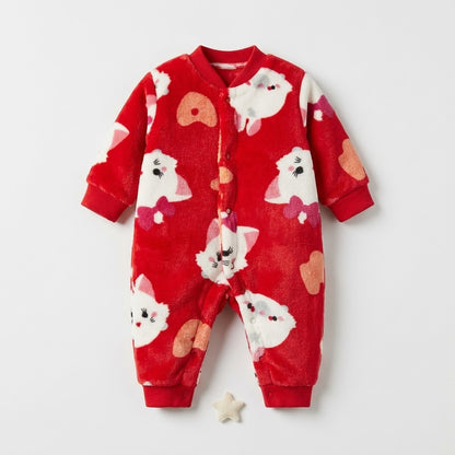 Cat Whisker Feline Print Plush Fleece Romper - Cherry Red