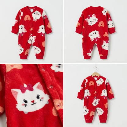 Cat Whisker Feline Print Plush Fleece Romper - Cherry Red