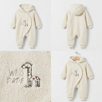 Wild Dude Cozy Hooded Sherpa Fleece Baby Romper- Creamy white