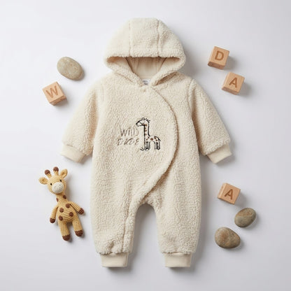 Wild Dude Cozy Hooded Sherpa Fleece Baby Romper- Creamy white