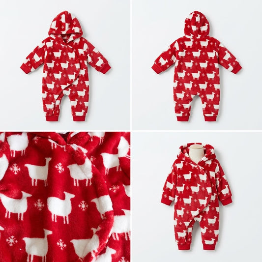 Cuddle-Up Sheep Print Hooded Baby Romper - Red