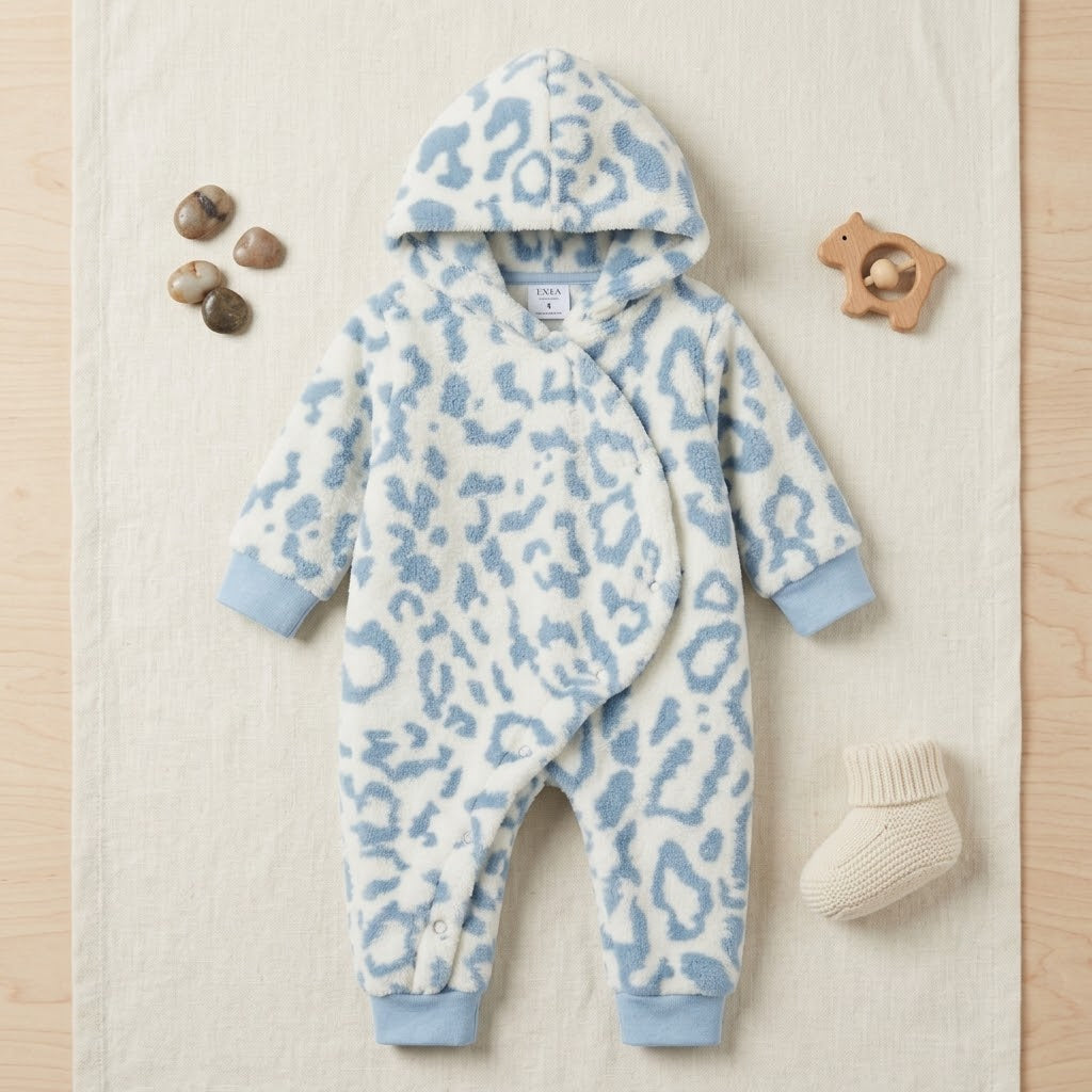 Cozy fleece Hooded Wrap Baby Jumpsuit - Blue Leopard print