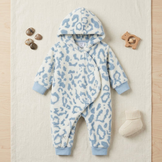 Cozy fleece Hooded Wrap Baby Jumpsuit - Blue Leopard print