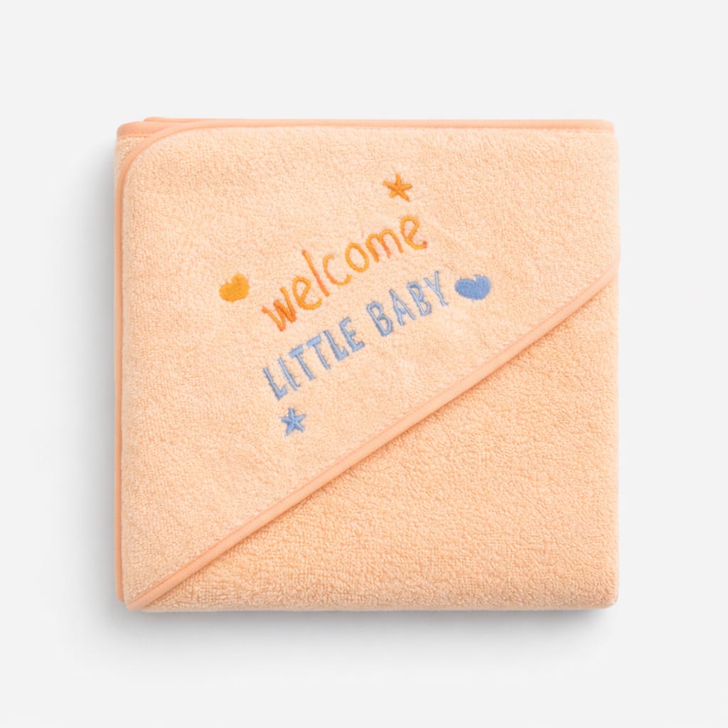 Peach Hooded Baby Towel – Welcome Little Baby Soft Cotton Newborn Bath Wrap with Embroidery