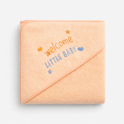 Peach Hooded Baby Towel – Welcome Little Baby Soft Cotton Newborn Bath Wrap with Embroidery