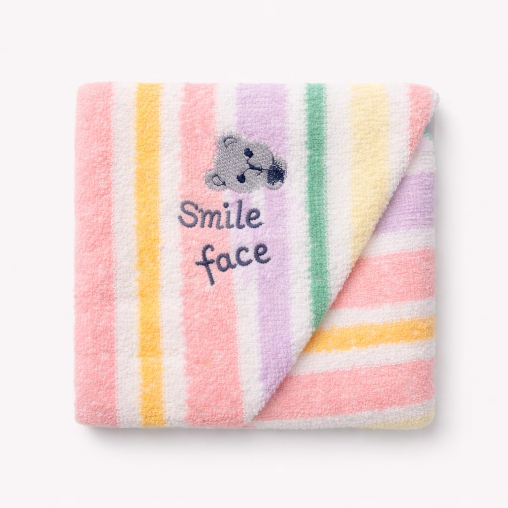 Rainbow Stripes Baby Towel – Soft Cotton | Smile Face Embroider