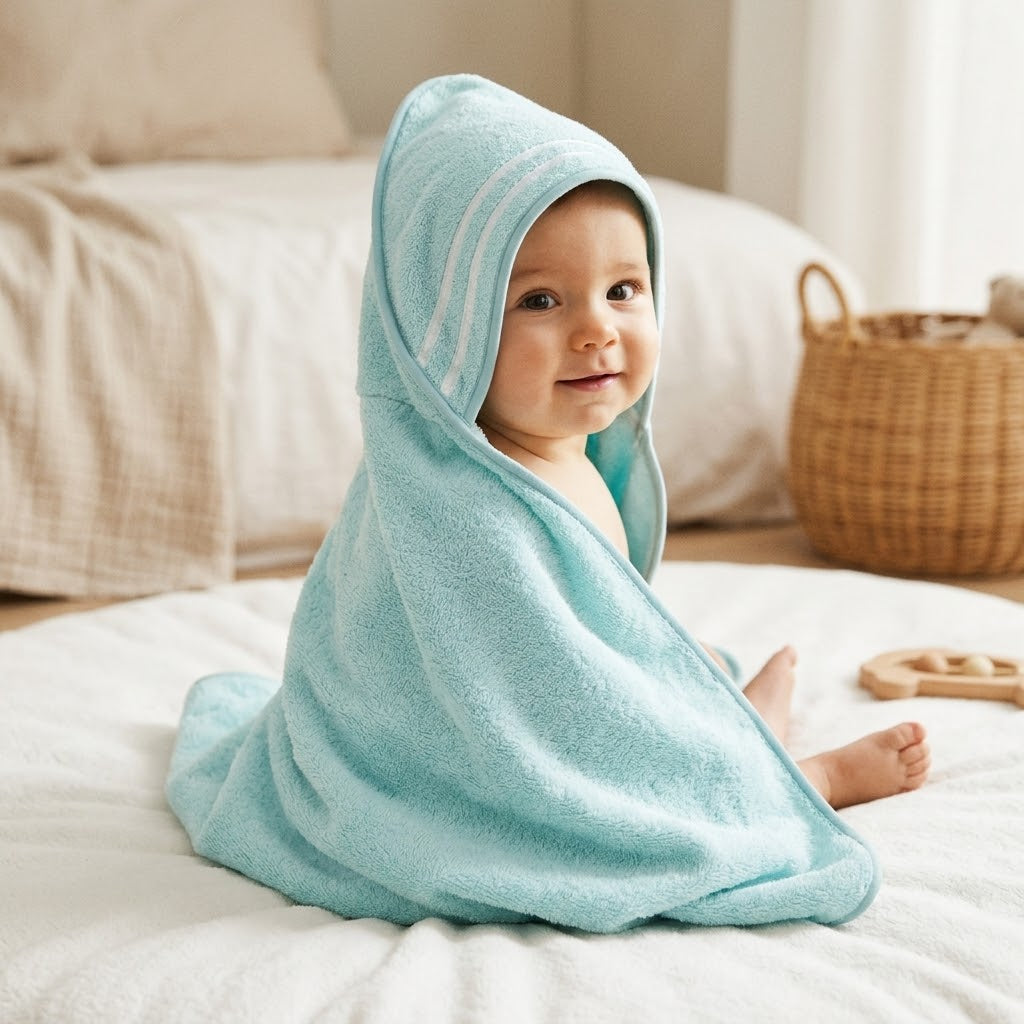 Soft Light Blue Hooded Baby Bath Towel