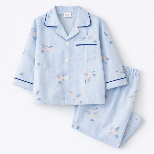 Blue Birdy Cotton Full-Sleeve Night Suit for Kids