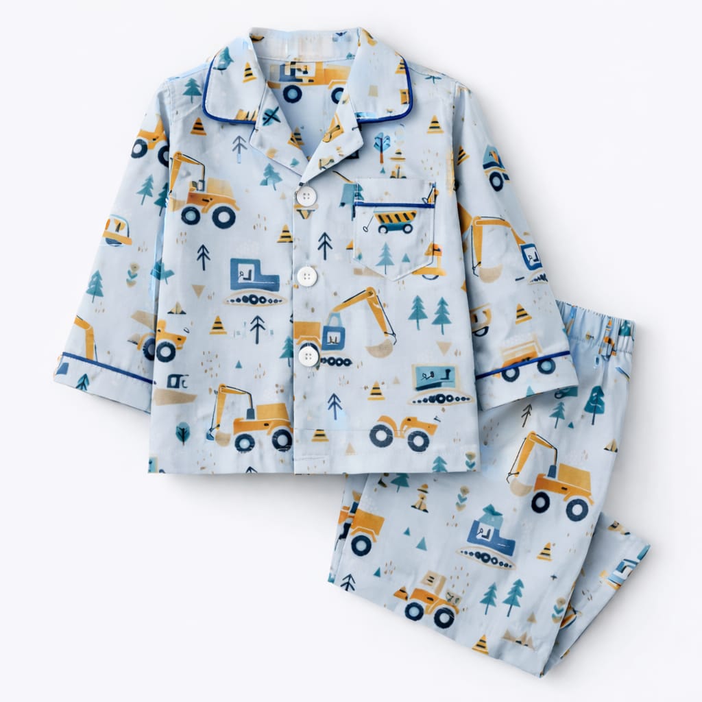 Construction Truck Print Cotton Full-Sleeve Night Suit