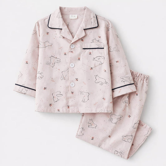 Blush Bunny Print Cotton Full-Sleeve Night Suit for Kids