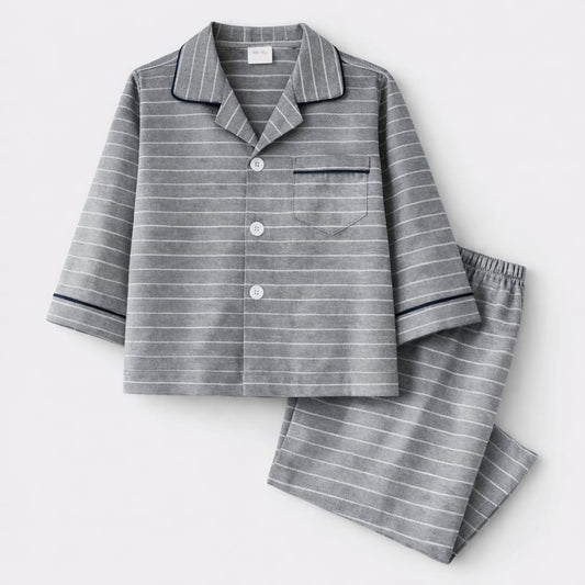 Soft Grey Stripe Cotton Full-Sleeve Night Suit for Kids