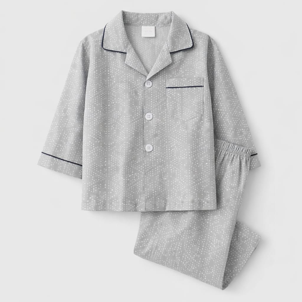 Classic Grey Polka Dot Cotton Full-Sleeve Night Suit for Kids
