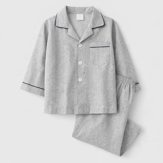 Classic Grey Polka Dot Cotton Full-Sleeve Night Suit for Kids