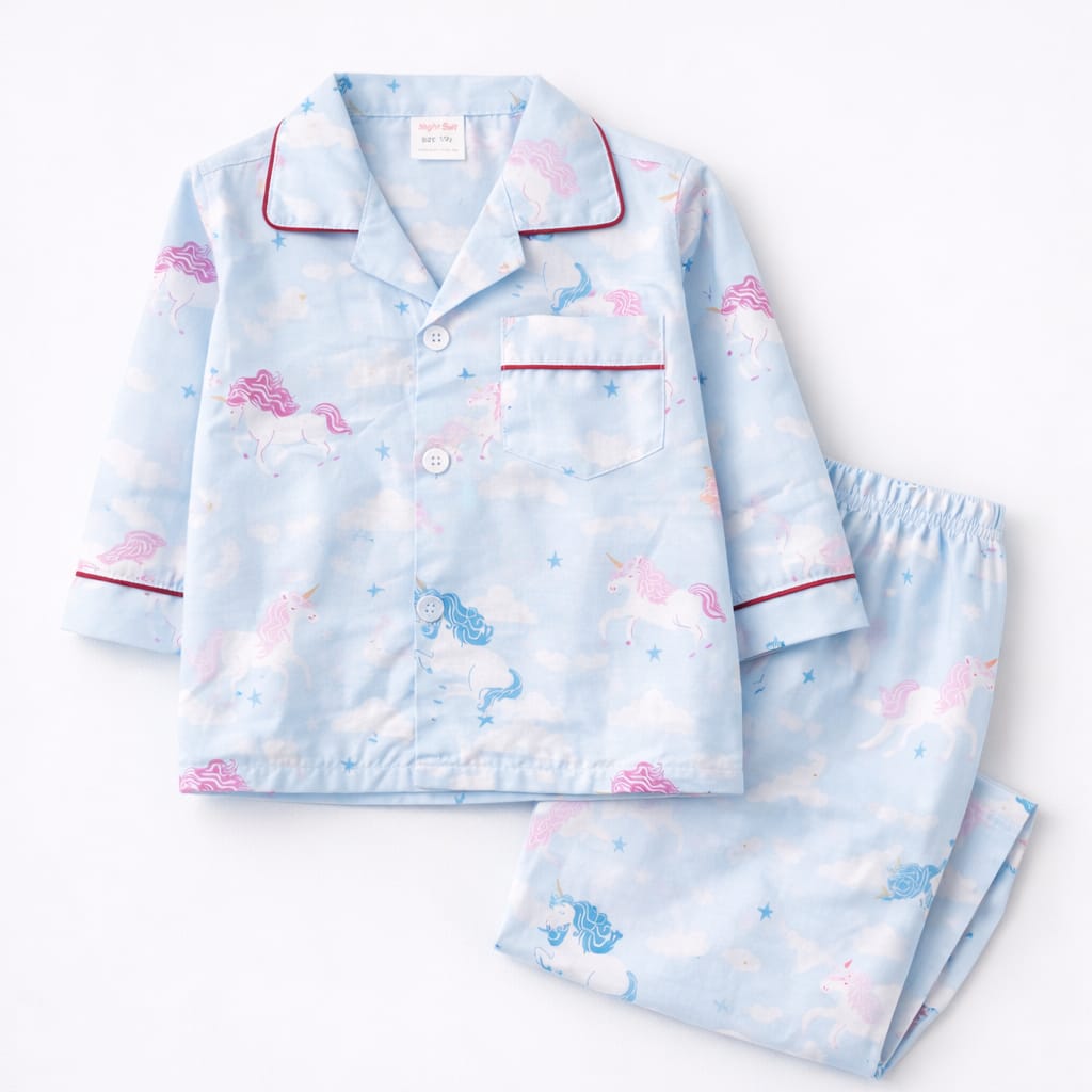 Sky Blue Unicorn Print Cotton Night Suit – Full Sleeves