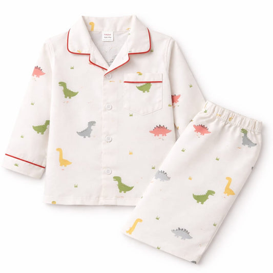 Mini Dino Cotton Kids Night Suit – Red Piping Button Down Pajama Set (2 Piece)