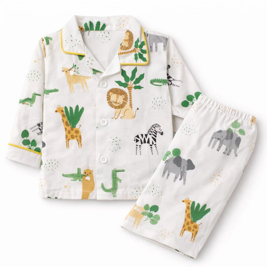 Safari Jungle Cotton Kids Night Suit – Button Down Pajama Set (2 Piece)