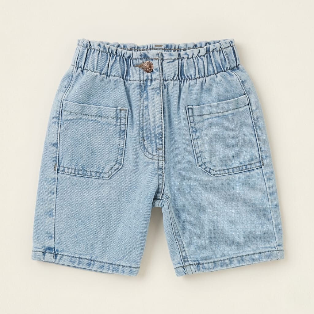 Denim Paperbag Shorts with Pocket Detail