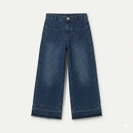 Kids' Wide-Leg Patch Pocket Jeans - Raw Hem Denim