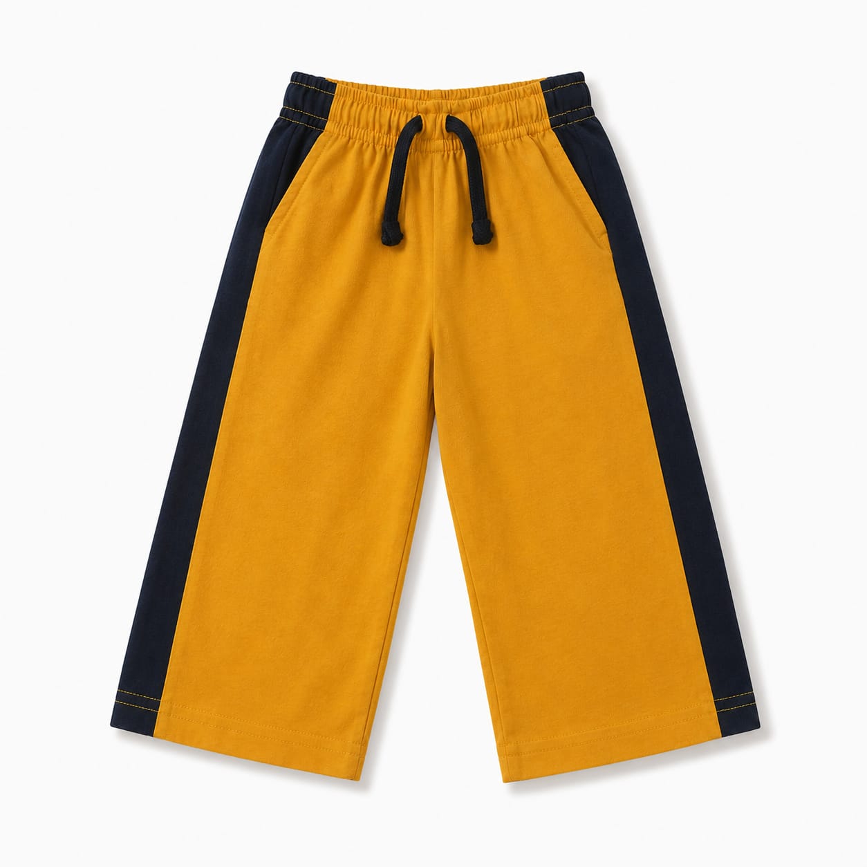Kids Mustard Wide Leg Cotton Trousers with Navy Side Stripe