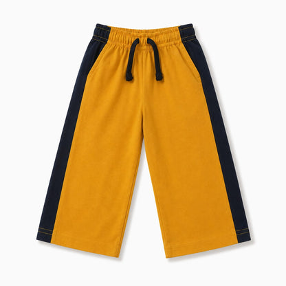 Kids Mustard Wide Leg Cotton Trousers with Navy Side Stripe