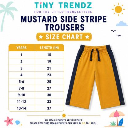 Kids Mustard Wide Leg Cotton Trousers with Navy Side Stripe