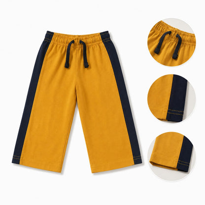 Kids Mustard Wide Leg Cotton Trousers with Navy Side Stripe