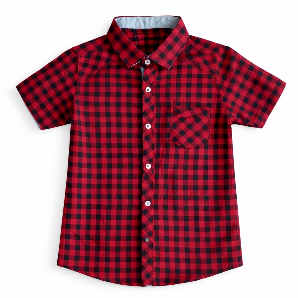 TinyTrendz Boys Red Checkered Cotton Shirt – Classic Gingham Half Sleeves