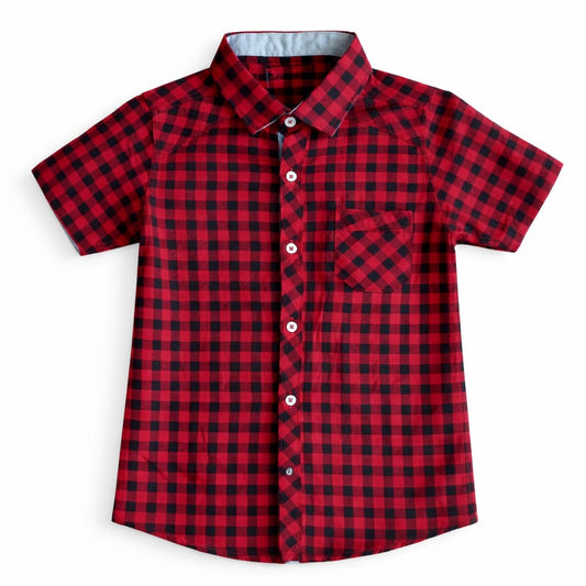 TinyTrendz Boys Red Checkered Cotton Shirt – Classic Gingham Half Sleeves