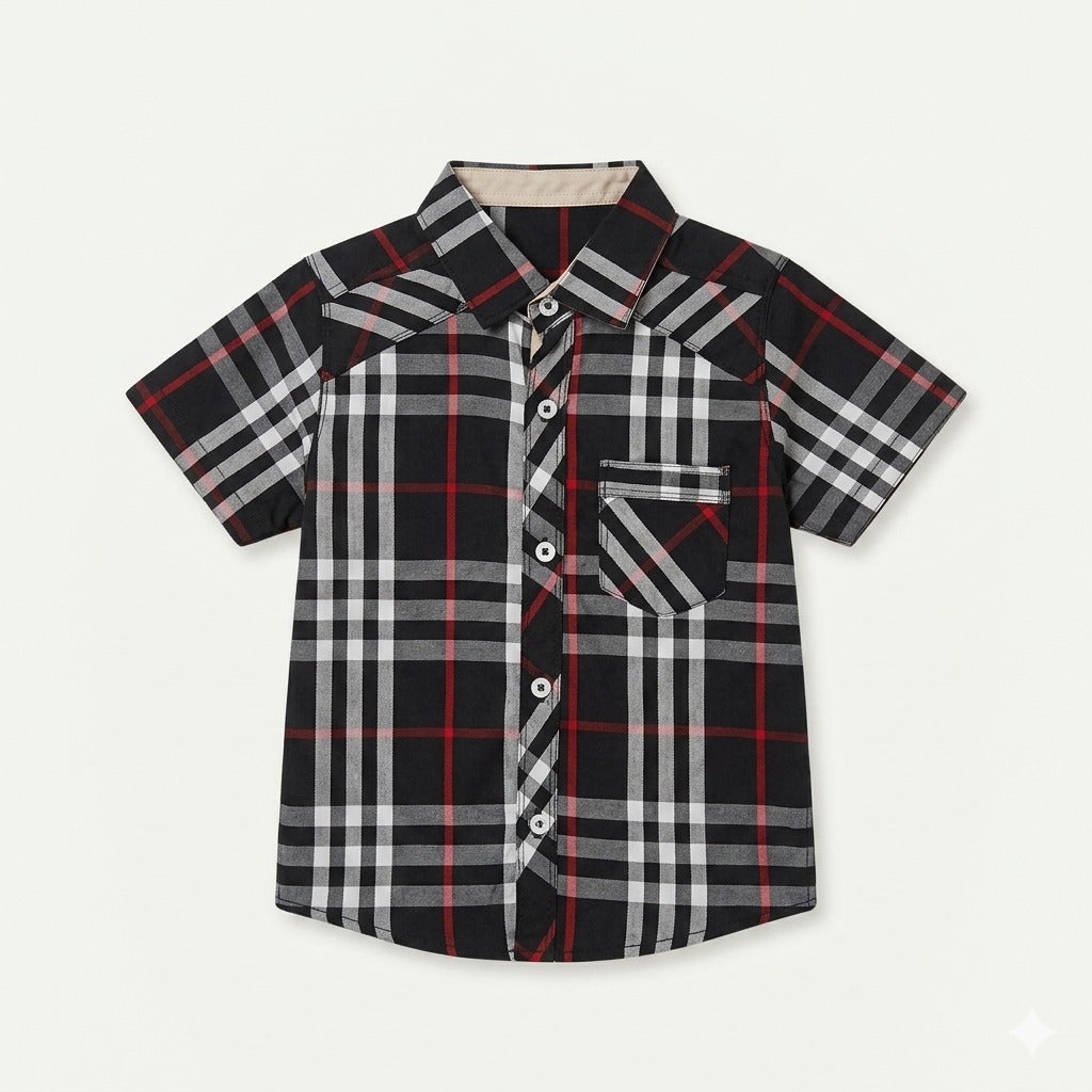 Kids' Short Sleeve Plaid Button-Down Shirt - Black & Red Check